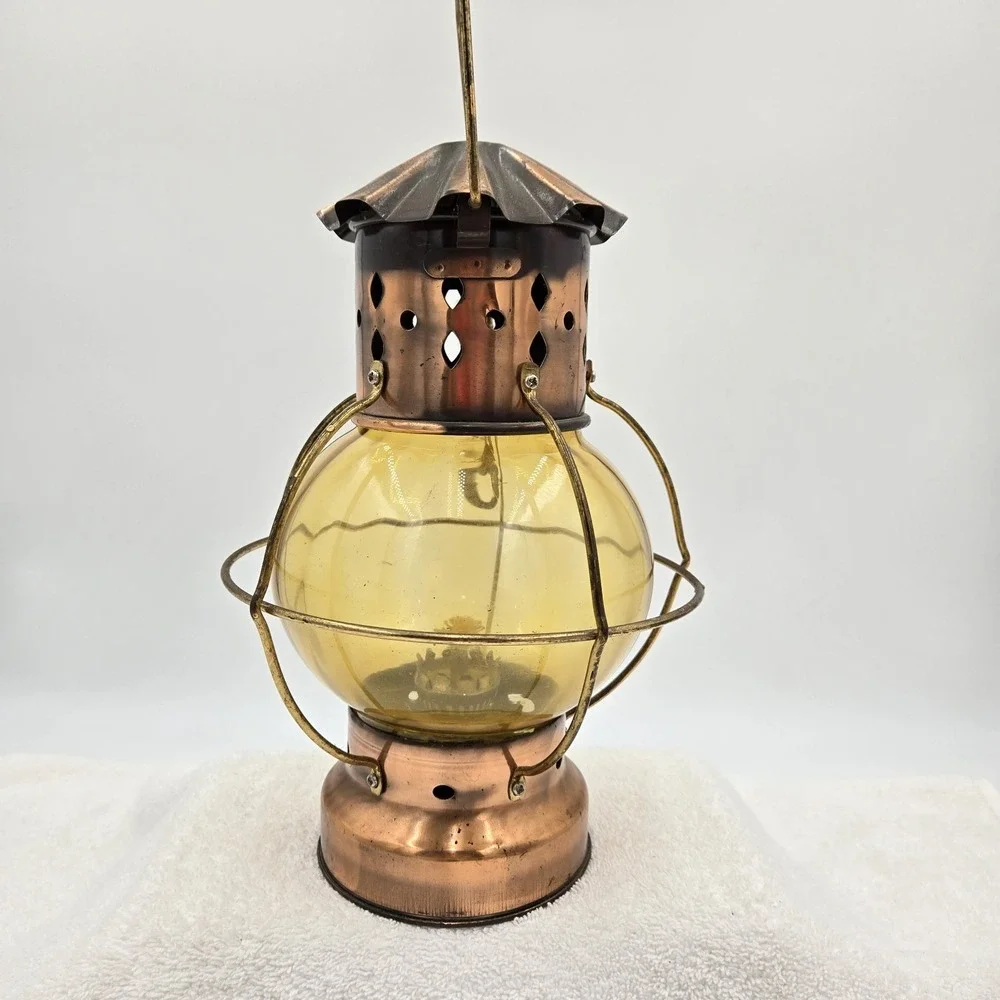 Vintage Copper Hanging Kerosene Oil Lamp Orange Amber Glass Globe Sea World